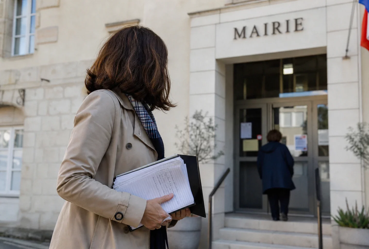 Collaborateur municipal anonyme devant une mairie de village, carnet à la main, dans une lumière naturelle et calme.