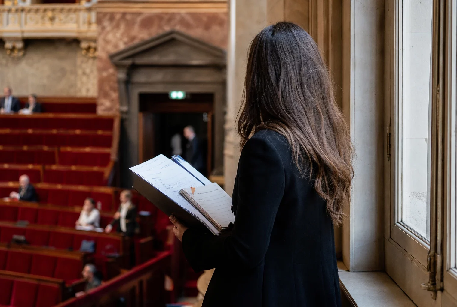 Conseiller parlementaire anonyme avec dossier dans un couloir lumineux de l’Assemblée nationale, sièges rouges flous en arrière-plan