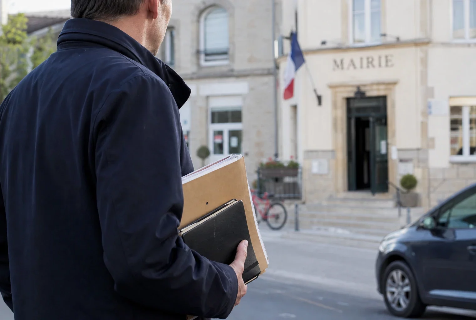 Un collaborateur de mairie de dos tient un dossier et un carnet devant une façade municipale française.