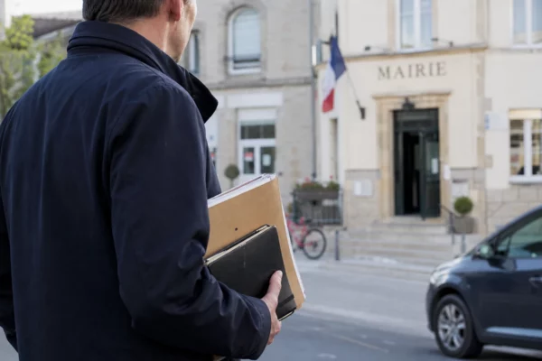 Un collaborateur de mairie de dos tient un dossier et un carnet devant une façade municipale française.