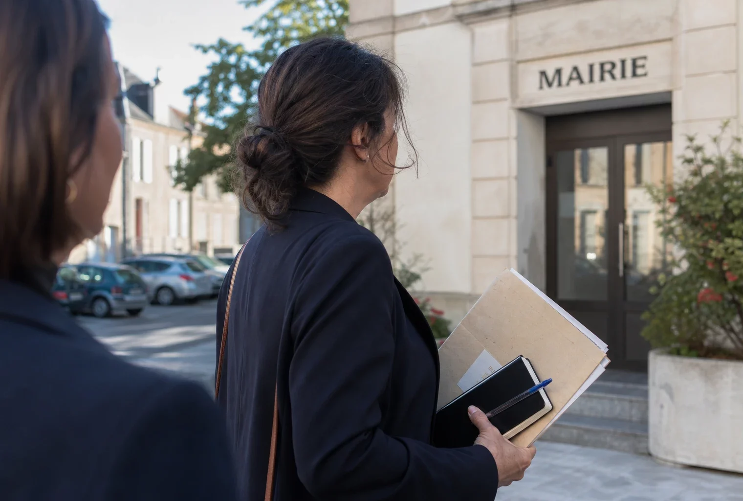 Un élu local anonyme consulte un dossier d’inscription électorale devant une mairie française.