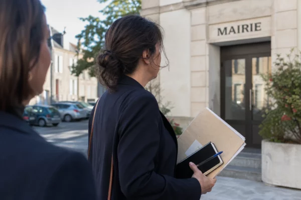 Un élu local anonyme consulte un dossier d’inscription électorale devant une mairie française.