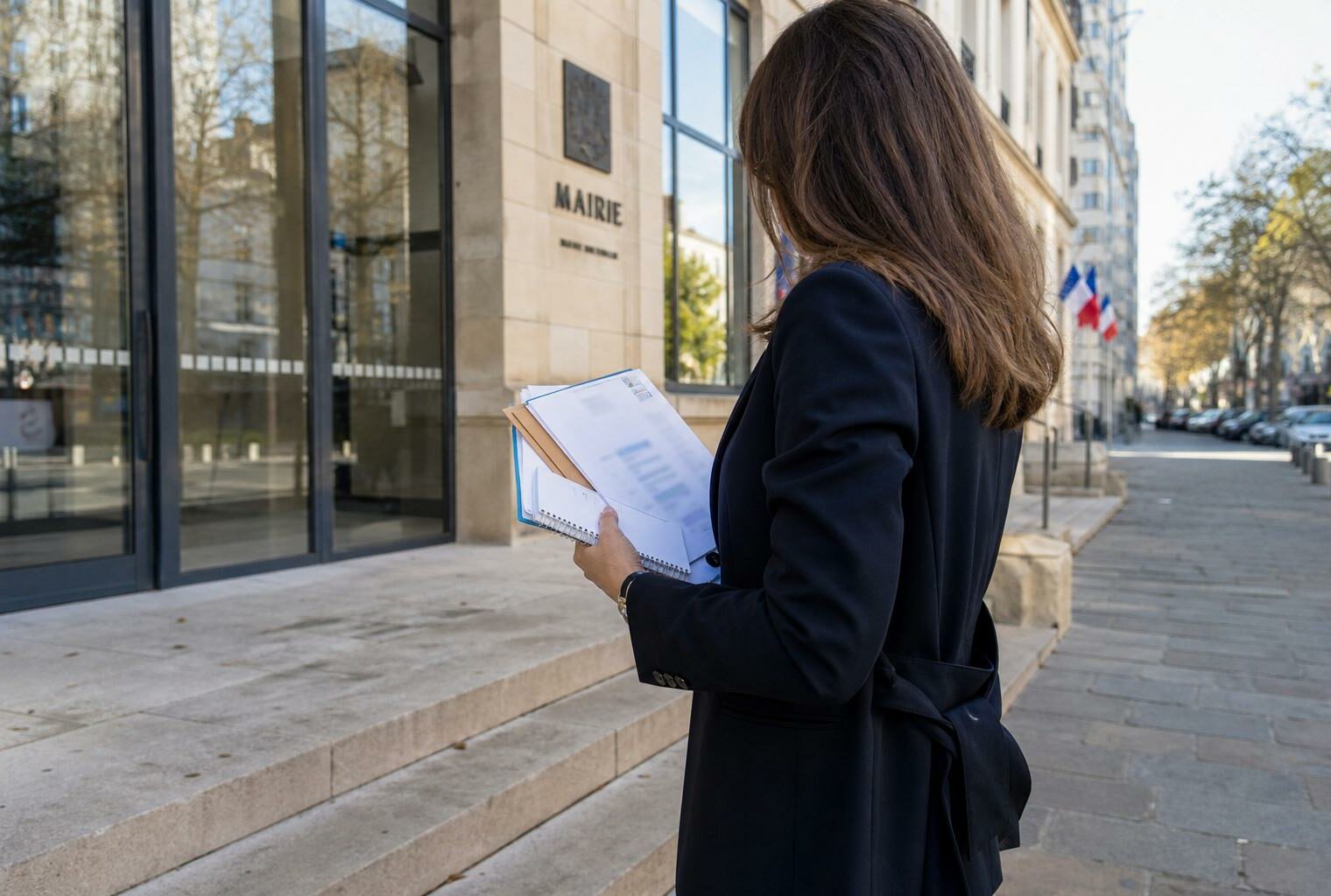 Un élu local anonyme tient un dossier devant la mairie d’Issy-les-Moulineaux, dans une lumière naturelle
