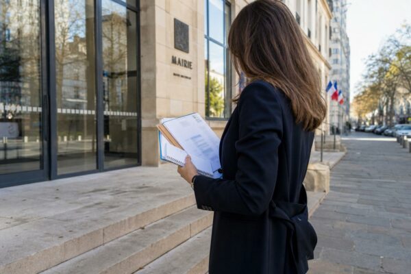Un élu local anonyme tient un dossier devant la mairie d’Issy-les-Moulineaux, dans une lumière naturelle