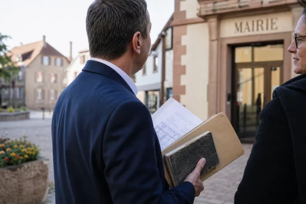Élu local anonyme devant une mairie, carnet à la main, dans une rue française en lumière naturelle.