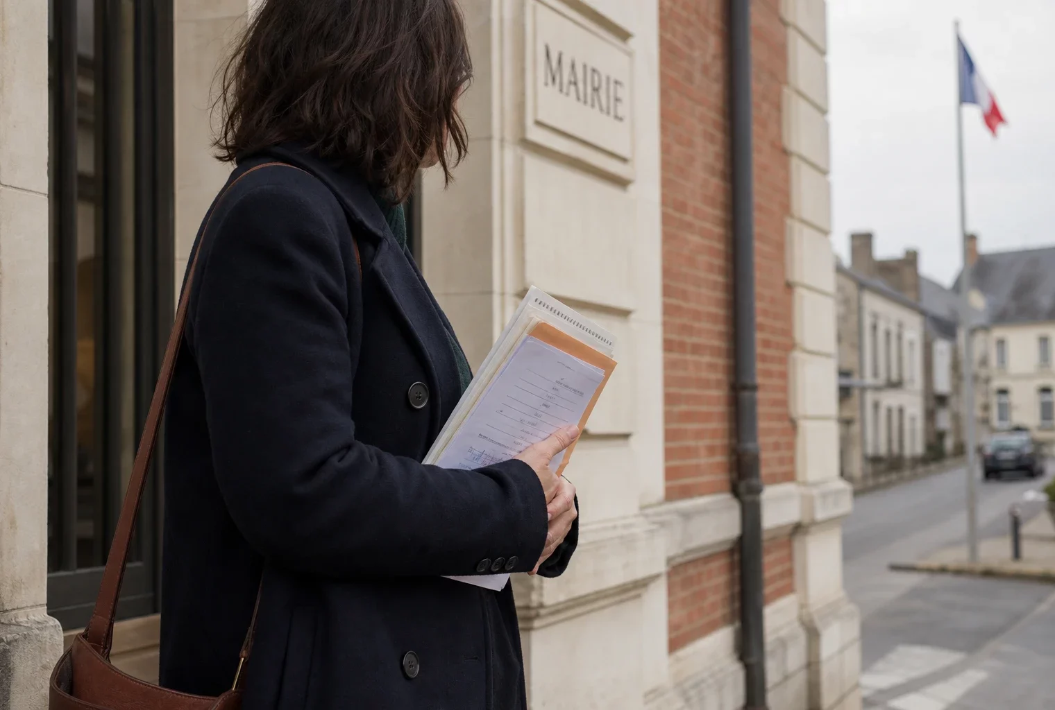 Portrait d’un élu local anonyme devant une mairie, carnet et dossier à la main, dans une rue française calme.