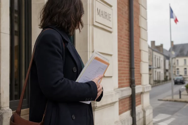 Portrait d’un élu local anonyme devant une mairie, carnet et dossier à la main, dans une rue française calme.