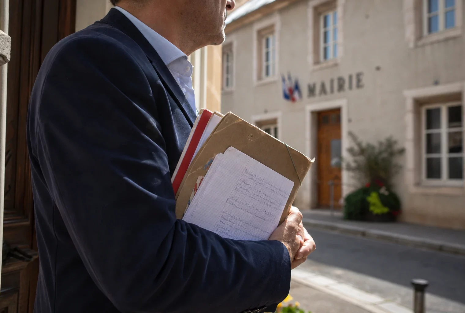 Portrait d’un élu local anonyme devant une mairie, dossier en main, en lien avec le débat sur l’acier