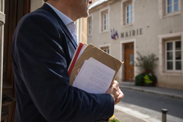 Portrait d’un élu local anonyme devant une mairie, dossier en main, en lien avec le débat sur l’acier
