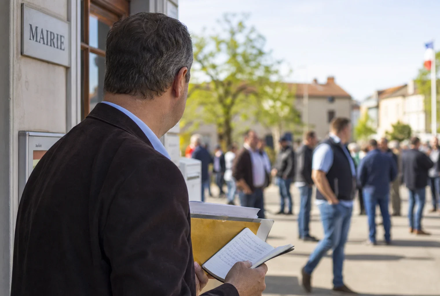 Un élu local de dos tient un dossier devant le congrès des Jeunes agriculteurs à Bourg-en-Bresse.