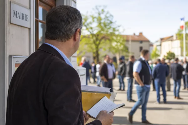 Un élu local de dos tient un dossier devant le congrès des Jeunes agriculteurs à Bourg-en-Bresse.