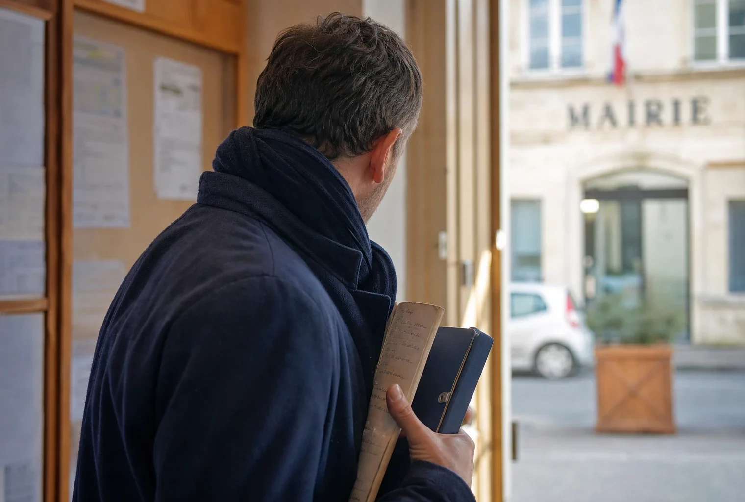 Portrait d’un collaborateur local anonyme dans un couloir de mairie, carnet à la main, lumière naturelle et arrière-plan urbain flou