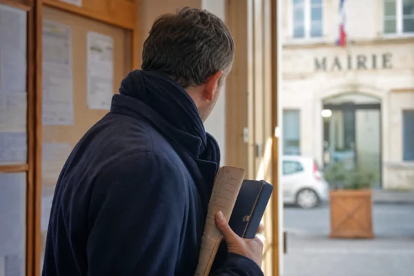 Portrait d’un collaborateur local anonyme dans un couloir de mairie, carnet à la main, lumière naturelle et arrière-plan urbain flou
