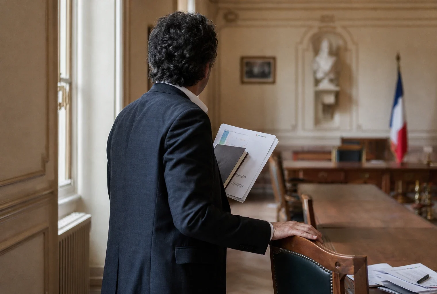 Un élu local vu de dos dans une mairie, dossier en main, avec une salle municipale floue en arrière-plan.