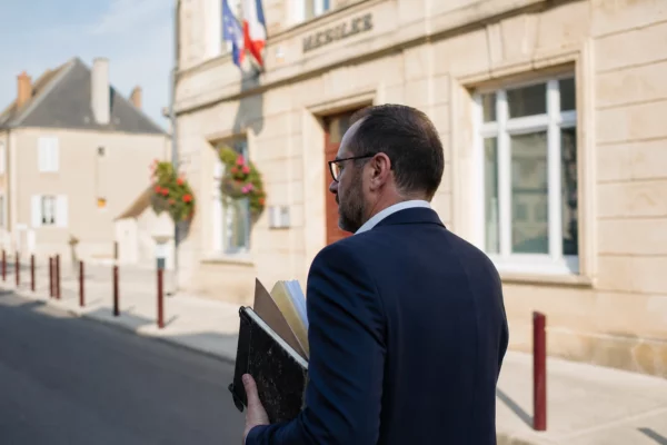 Portrait d’un élu local anonyme avec carnet et dossier, devant une mairie française en arrière-plan.