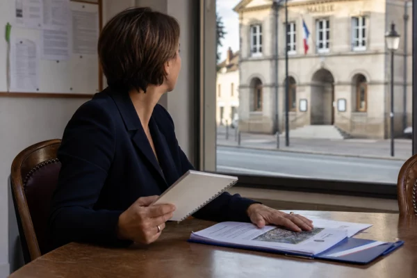 Portrait d’un élu local anonyme de dos avec un dossier, devant une mairie française floue.