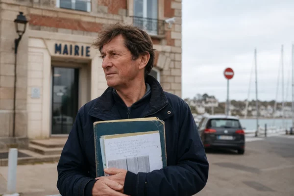 Portrait d’un collaborateur maritime anonyme devant une mairie littorale, dossier en main, dans une ambiance de recueillement.