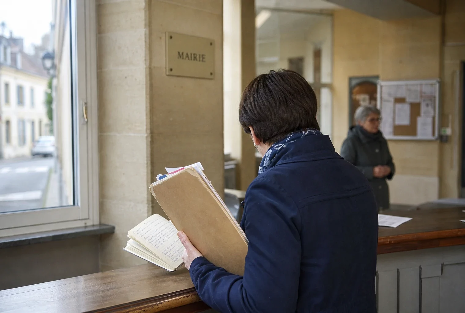Un collaborateur municipal de dos tient un dossier et un carnet dans une mairie française lumineuse.