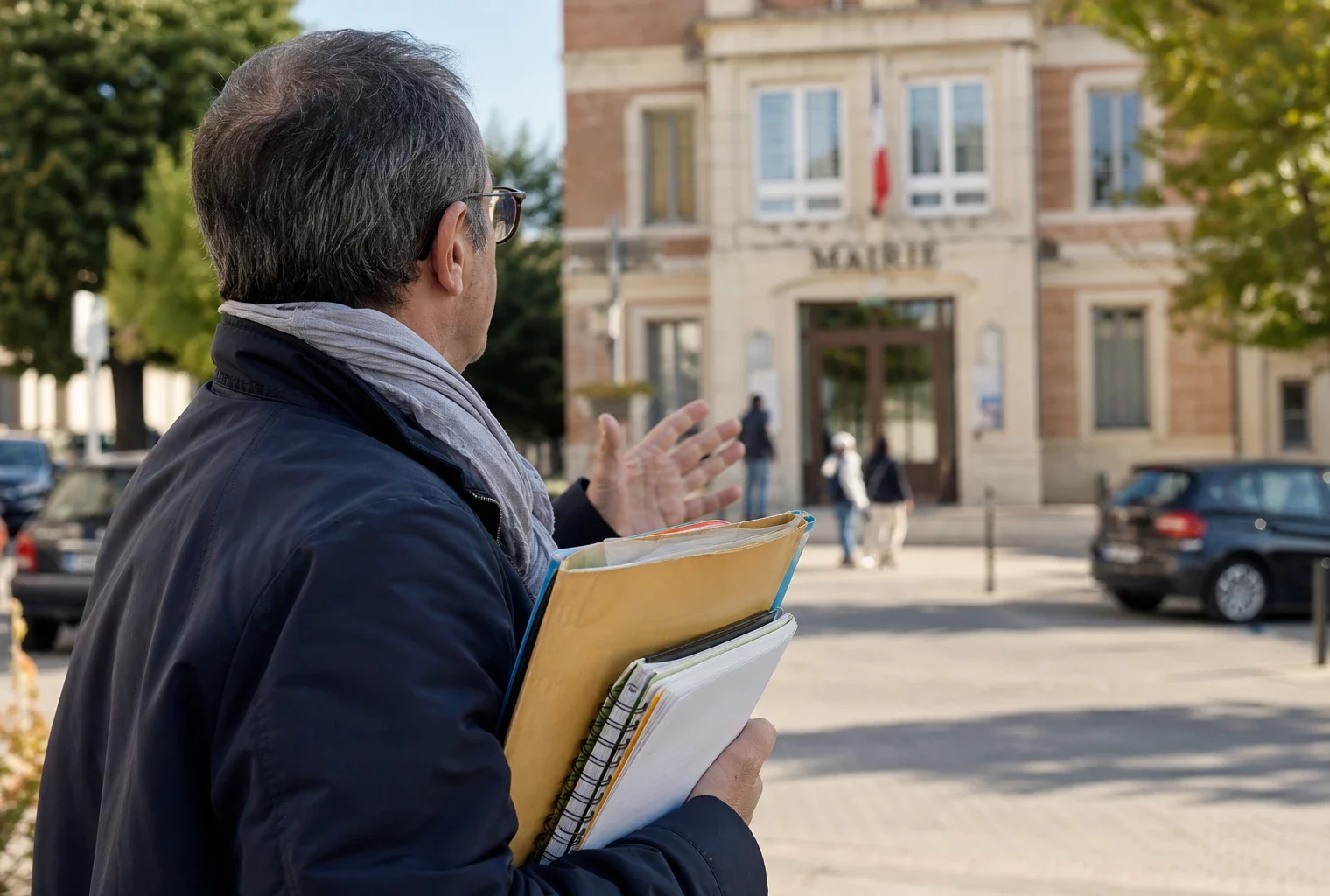 Portrait d’un collaborateur municipal anonyme devant une mairie française, dossier à la main, en pleine canicule.