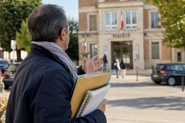 Portrait d’un collaborateur municipal anonyme devant une mairie française, dossier à la main, en pleine canicule.