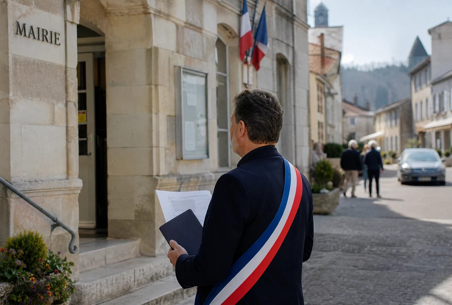 Élu local anonyme de dos devant une mairie française, dossier en main, dans une ambiance de commémoration républicaine.