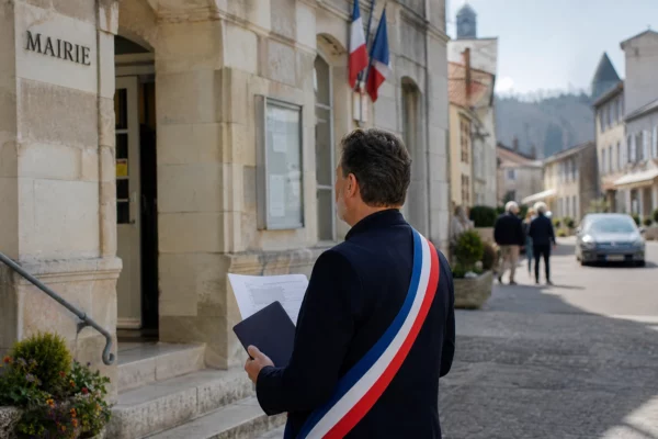 Élu local anonyme de dos devant une mairie française, dossier en main, dans une ambiance de commémoration républicaine.