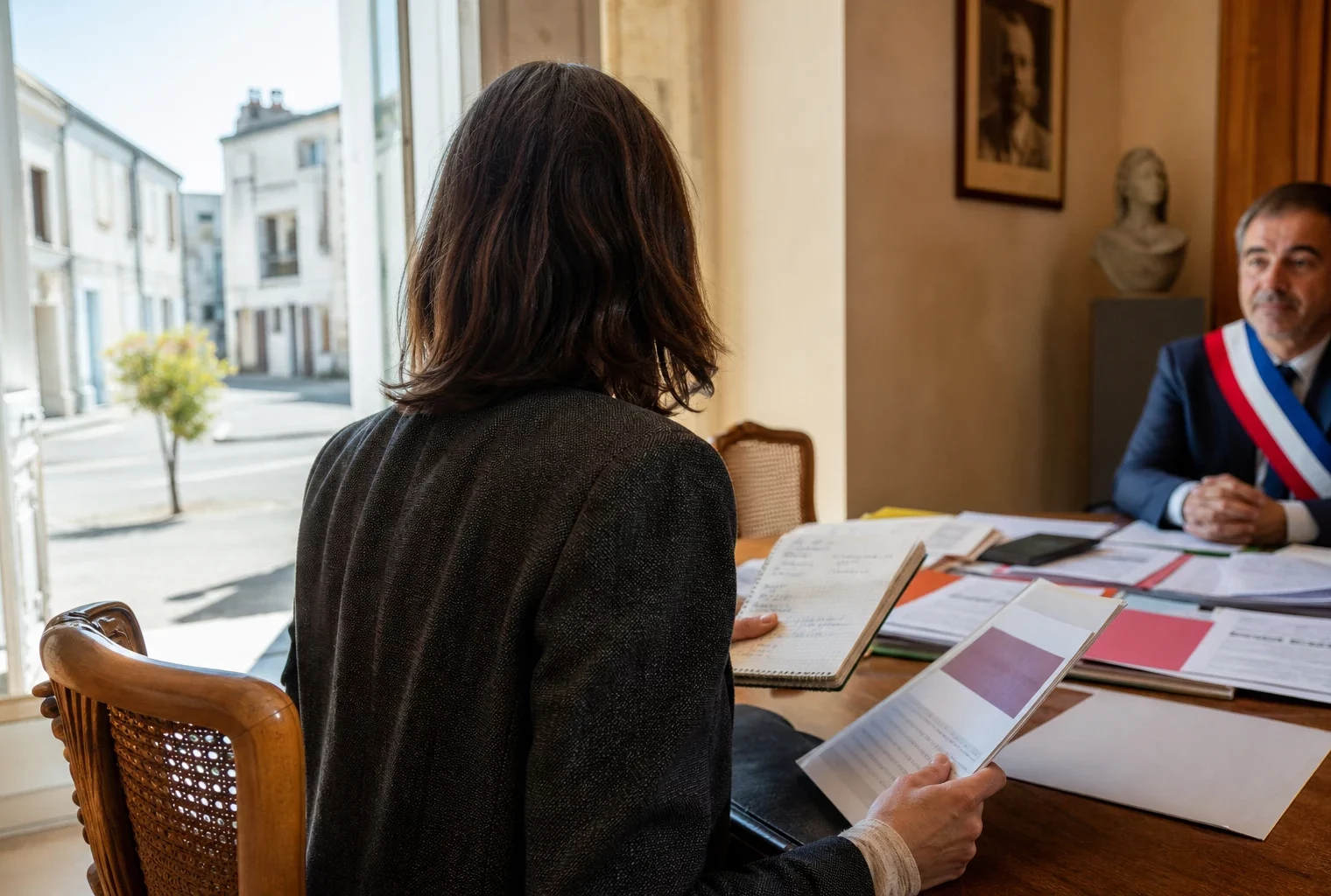 Collaborateur de campagne anonyme dans une mairie lumineuse, carnet en main, avec un élu flou à l’arrière-plan.