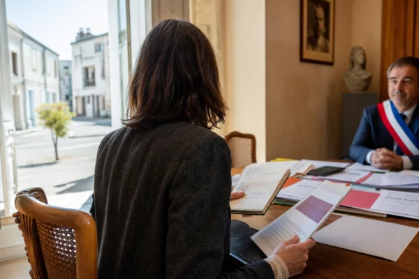 Collaborateur de campagne anonyme dans une mairie lumineuse, carnet en main, avec un élu flou à l’arrière-plan.