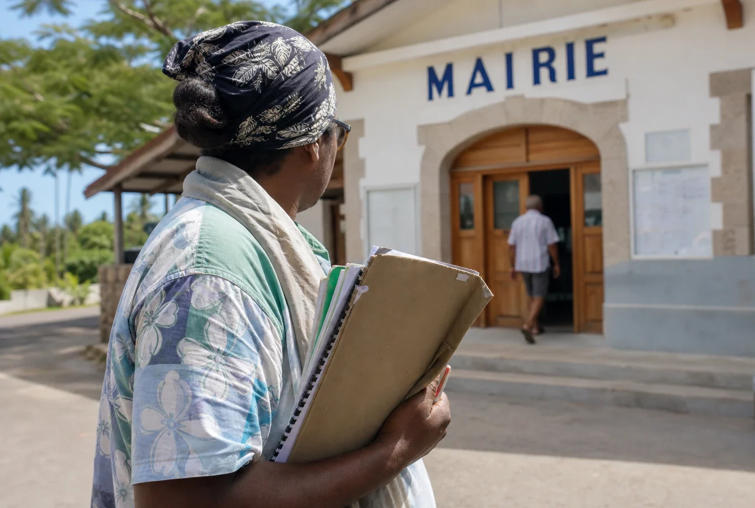 Portrait d’un élu local kanak anonyme tenant un dossier devant une mairie de l’Île-des-Pins.