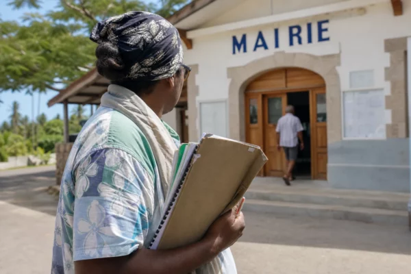 Portrait d’un élu local kanak anonyme tenant un dossier devant une mairie de l’Île-des-Pins.