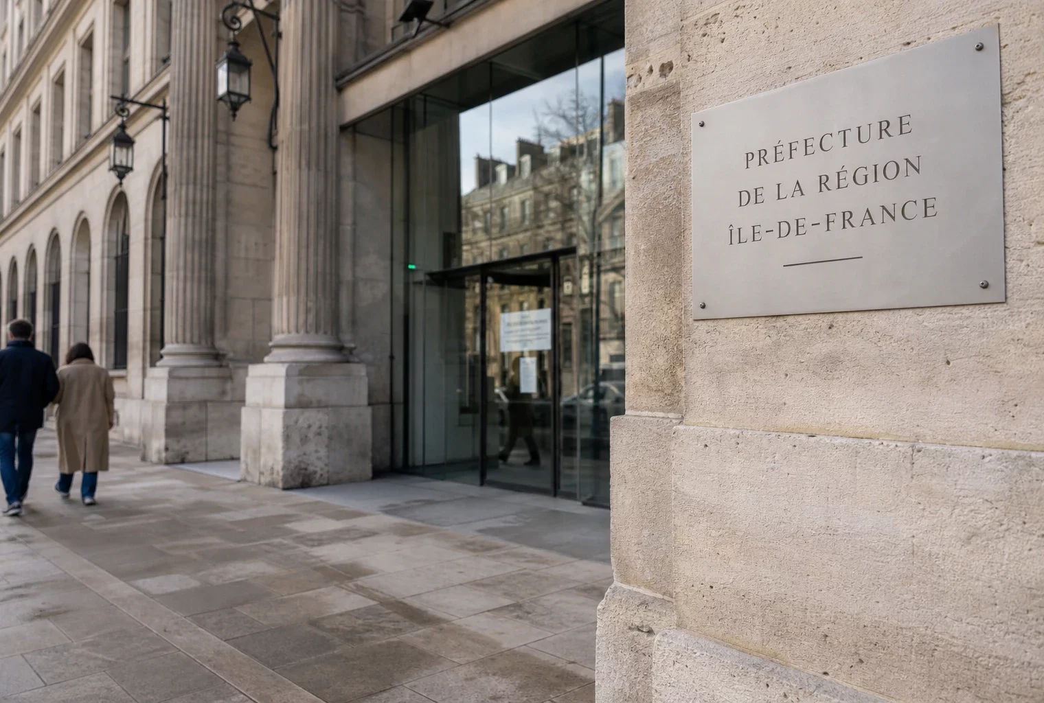 Façade institutionnelle parisienne au calme, vue oblique sur une préfecture en lumière naturelle claire.
