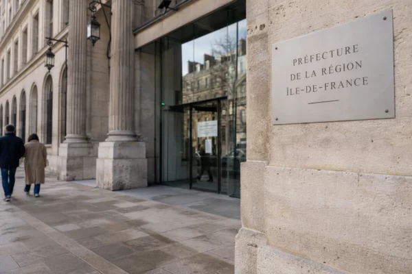 Façade institutionnelle parisienne au calme, vue oblique sur une préfecture en lumière naturelle claire.