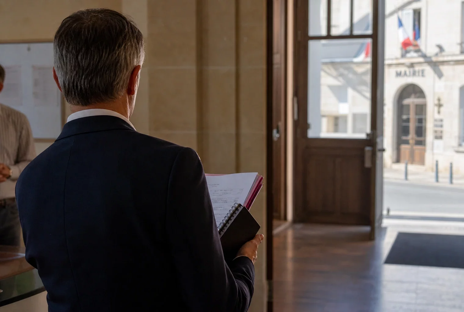 Élu local de dos dans une mairie française, dossier à la main, dans une ambiance de campagne présidentielle.