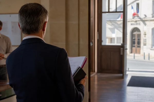 Élu local de dos dans une mairie française, dossier à la main, dans une ambiance de campagne présidentielle.