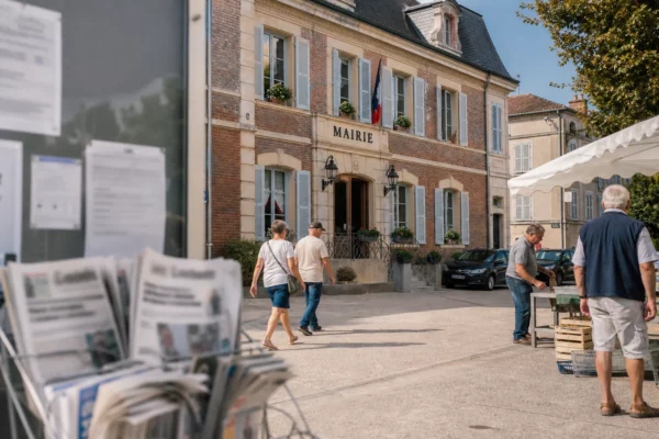 Des habitants traversent une place de mairie en ville moyenne française, avec marché et affichages flous en arrière-plan.