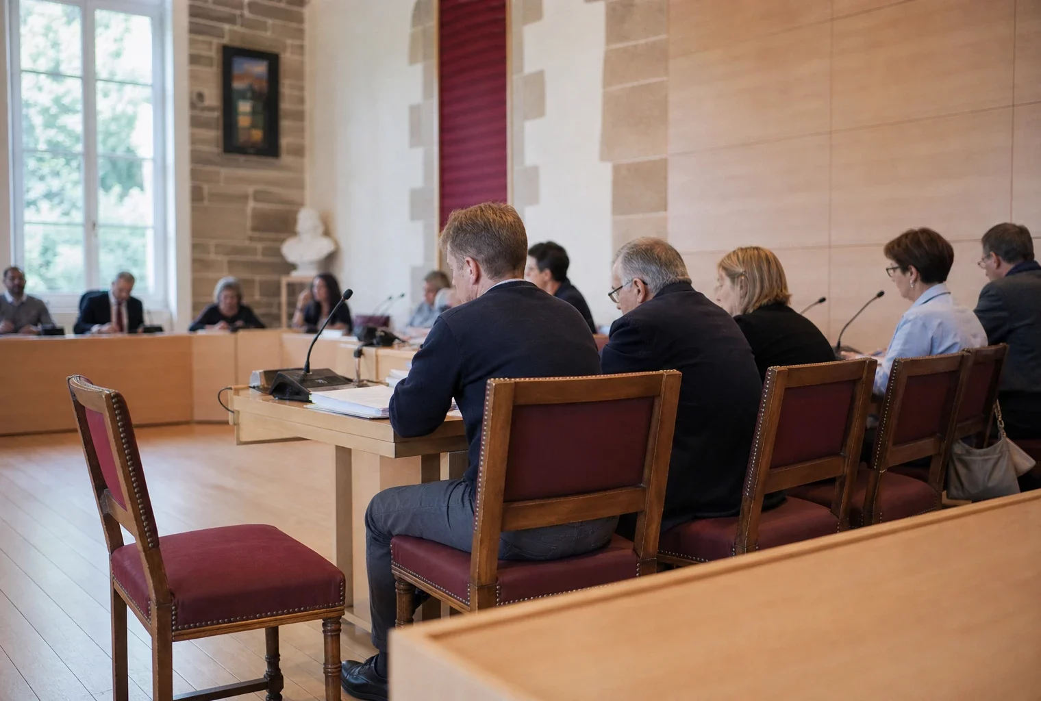 Salle municipale lumineuse avec micros, dossiers flous et une chaise vide lors d’une réunion politique locale.