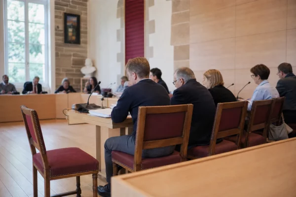 Salle municipale lumineuse avec micros, dossiers flous et une chaise vide lors d’une réunion politique locale.