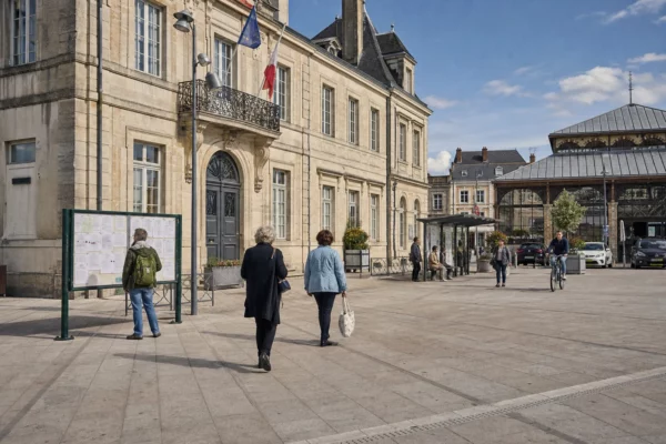 Des habitants anonymes traversent une place de ville moyenne devant la mairie et un panneau d’affichage flou.