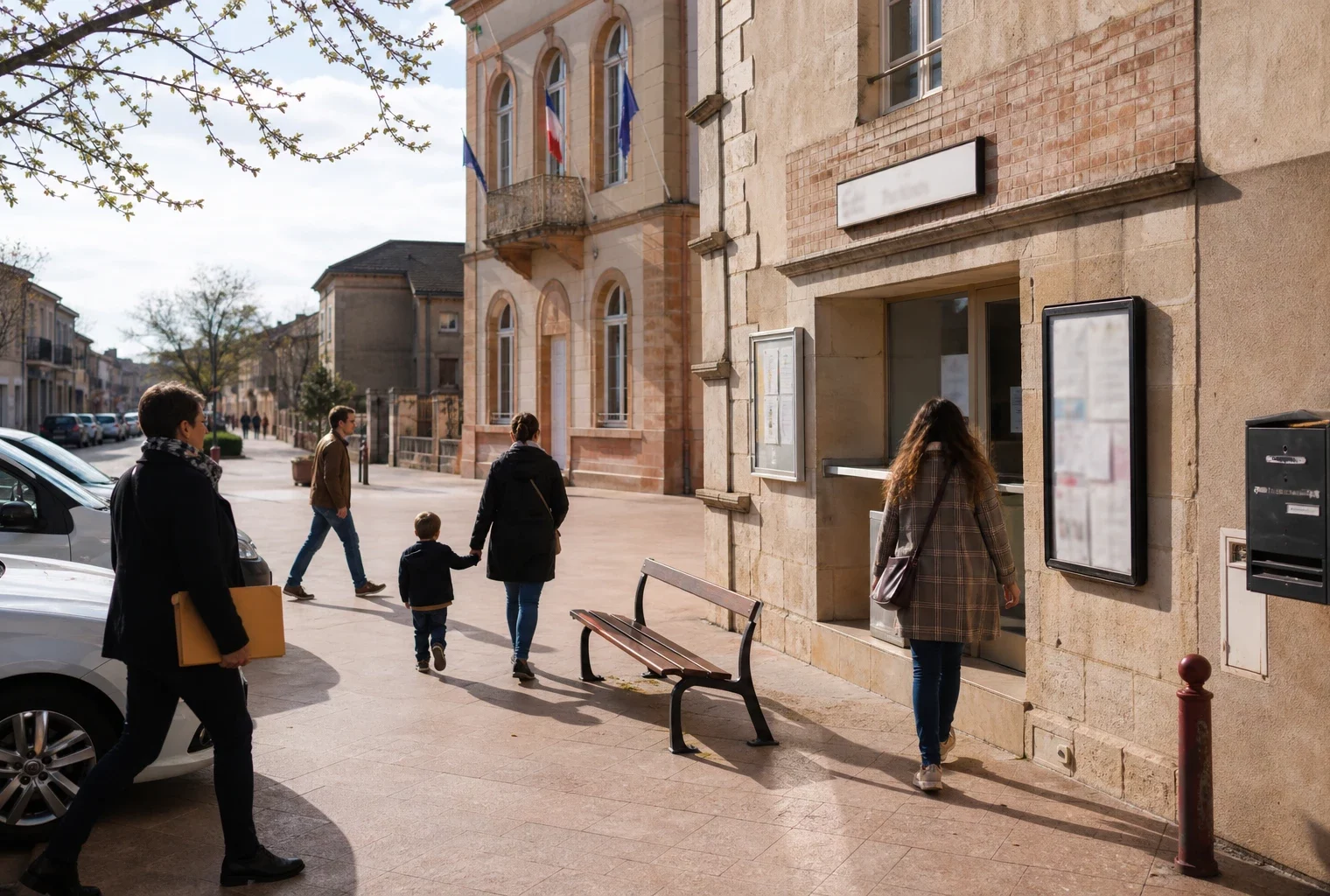 Devant une mairie de ville moyenne, des habitants anonymes passent près d’un service public local sous une lumière claire.