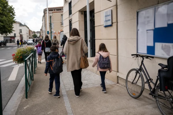Des parents et des enfants marchent devant un bâtiment public local dans une ville française, sous une lumière naturelle claire.