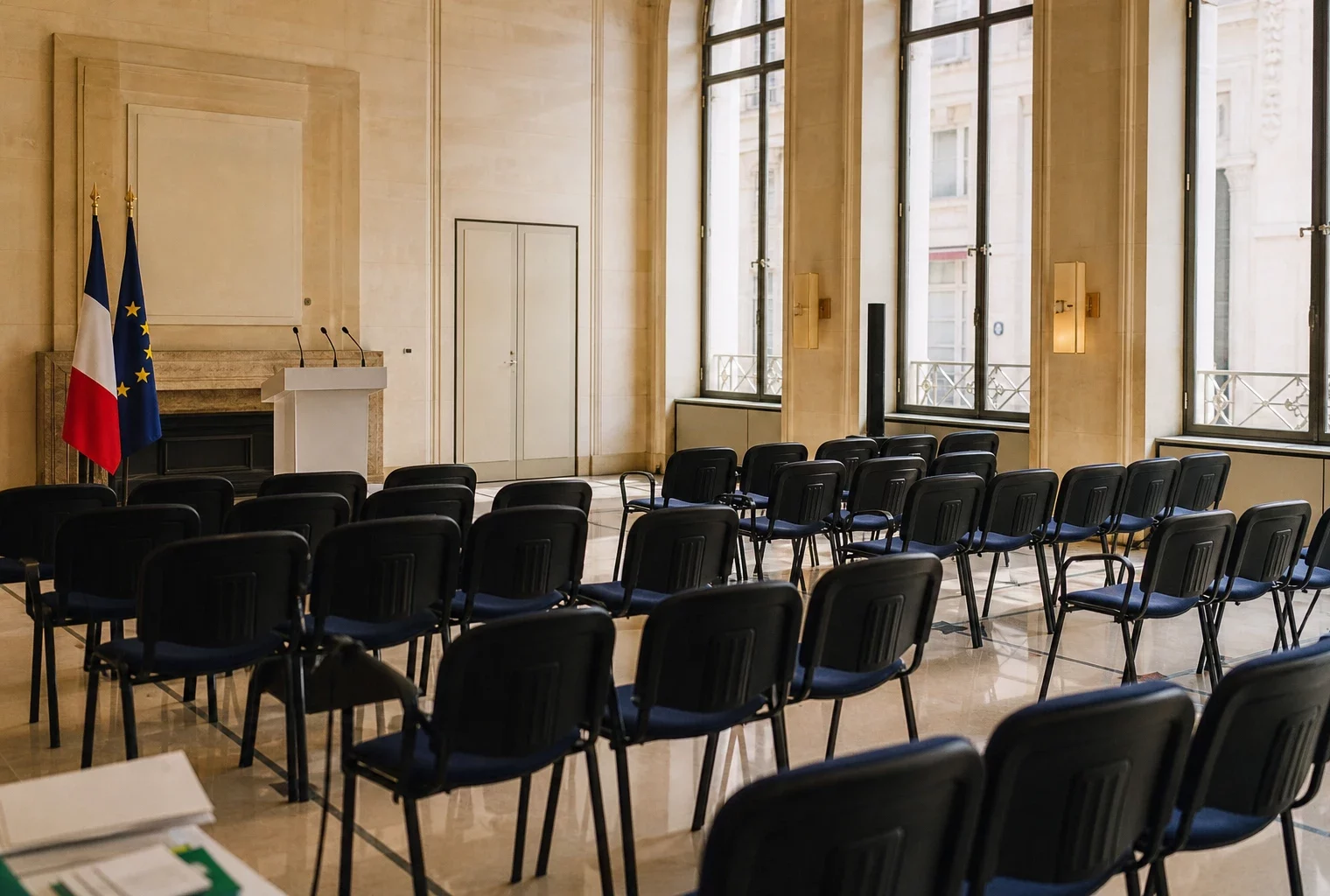 Salle de presse vide au Quai d’Orsay, baignée de lumière naturelle, avec podium et micros devant des fauteuils inoccupés.