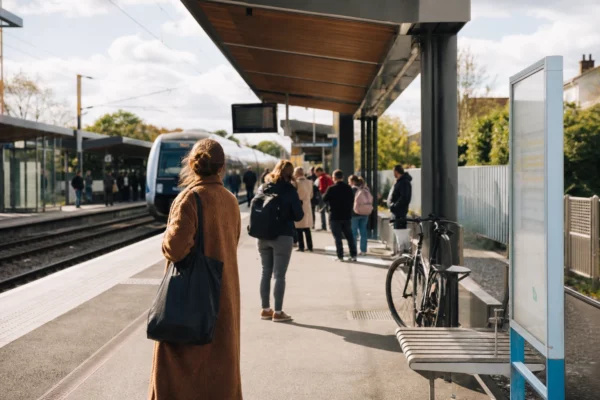 Quai de gare français avec voyageurs anonymes, vélo et train régional en approche, sous une lumière claire de journée.