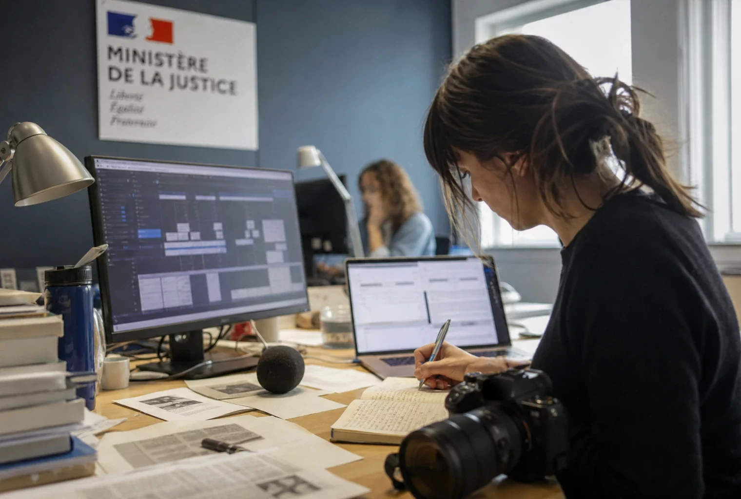 Journaliste en rédaction préparant un sujet judiciaire, avec carnet ouvert, micro sans logo et écrans flous.