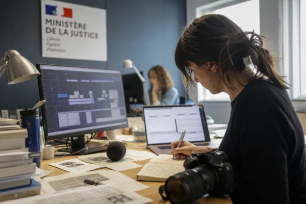 Journaliste en rédaction préparant un sujet judiciaire, avec carnet ouvert, micro sans logo et écrans flous.