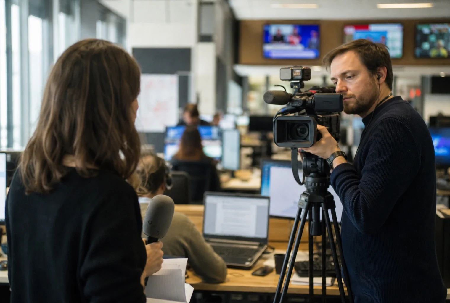 Scène de rédaction avec caméra de presse, micro et écrans flous sur l’affaire Lyhanna.