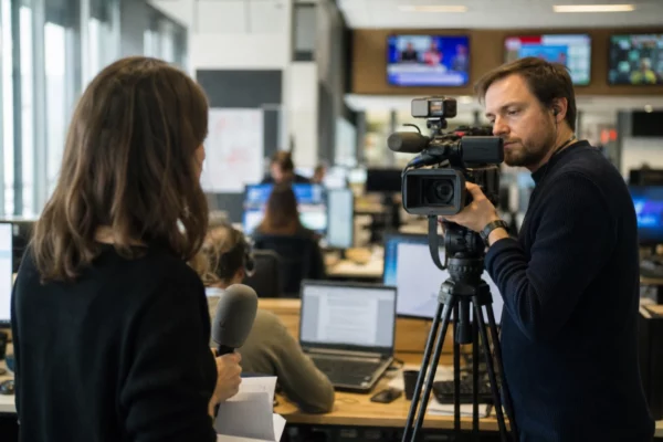 Scène de rédaction avec caméra de presse, micro et écrans flous sur l’affaire Lyhanna.