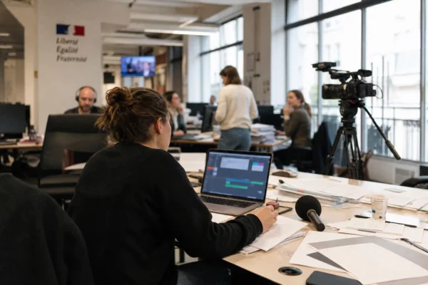 Dans une rédaction française lumineuse, un journaliste prépare un sujet politique avec caméra, micro et écrans flous.