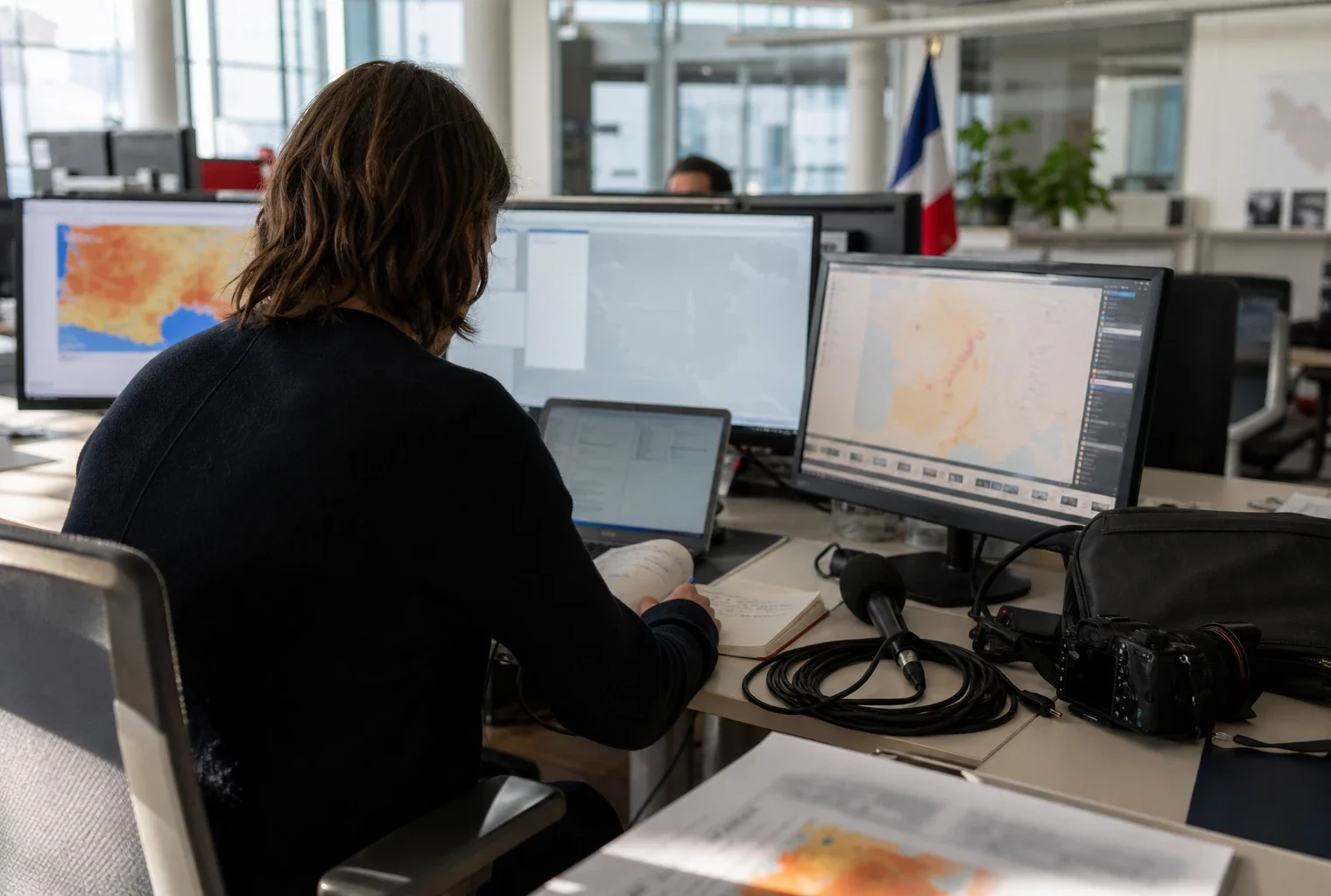 Reporter en rédaction préparant un sujet sur la canicule, avec micro, carnet et écrans flous