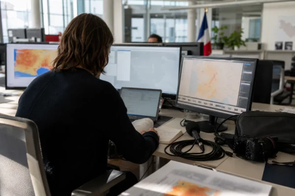 Reporter en rédaction préparant un sujet sur la canicule, avec micro, carnet et écrans flous