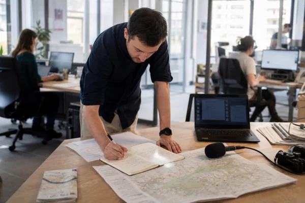 Journaliste en rédaction locale préparant un sujet sur la canicule avec carnet, micro et carte papier floue